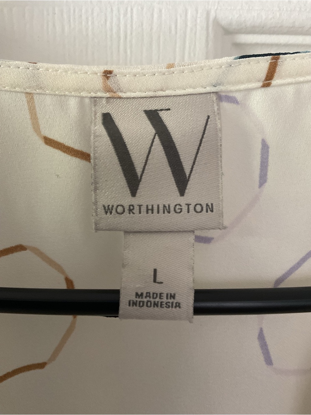 Worthington White Geometric Print Blouse Size L Long Sleeve Career Top - Picture 4 of 7